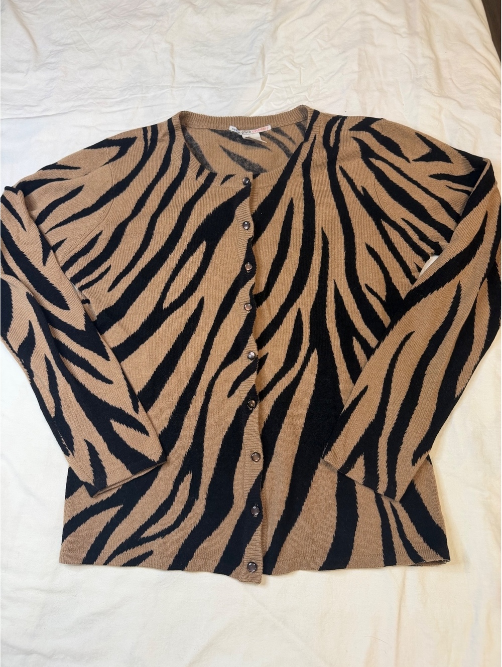 Evelyn Grace Cashmere 100% Cashmere Cardigan Tan and Black Zebra Pattern - Picture 1 of 6